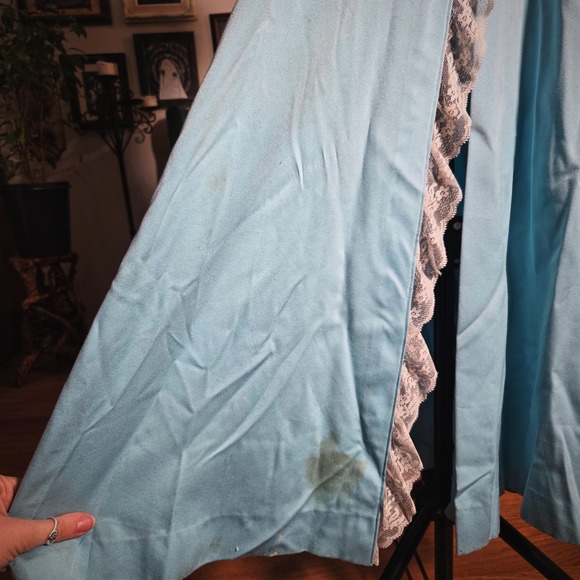 Vintage 70s Blue Dress Lace Trim Maxi Short Sleeve Wrap Housecoat Belted - Picture 6 of 8